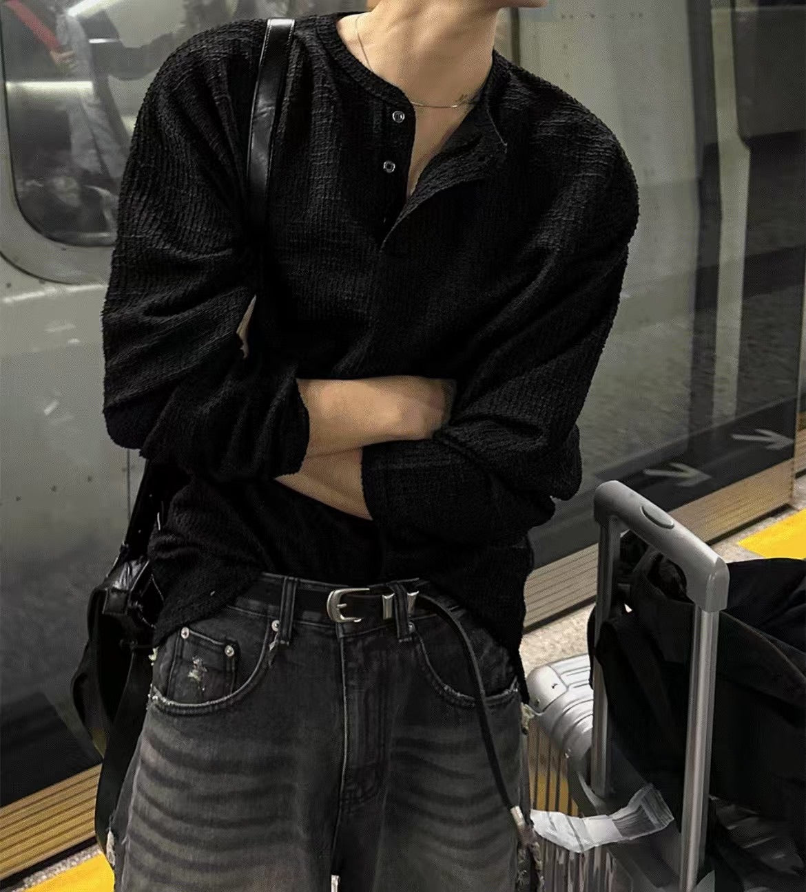 休閒亨利領長袖上衣 (兩色)