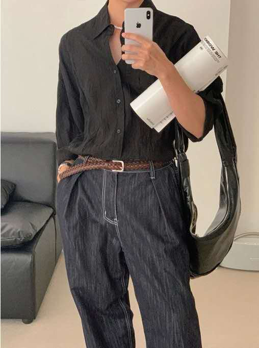 單褶寬鬆半鬆緊腰牛仔褲 (三色)