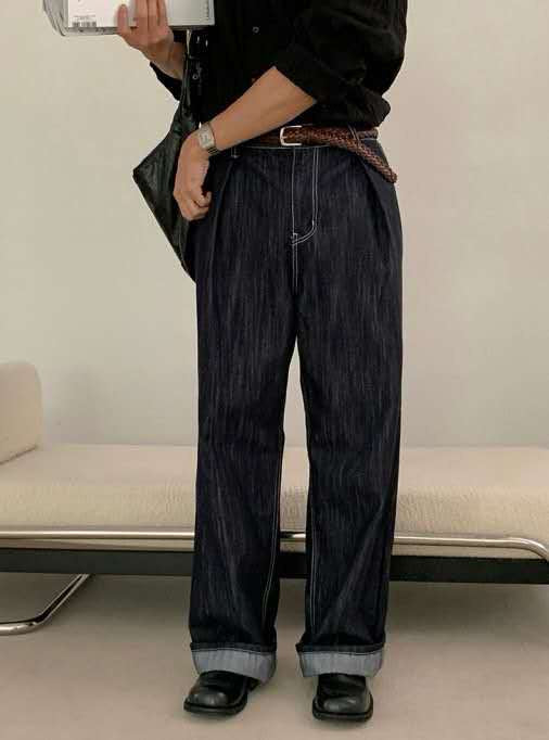 單褶寬鬆半鬆緊腰牛仔褲 (三色)