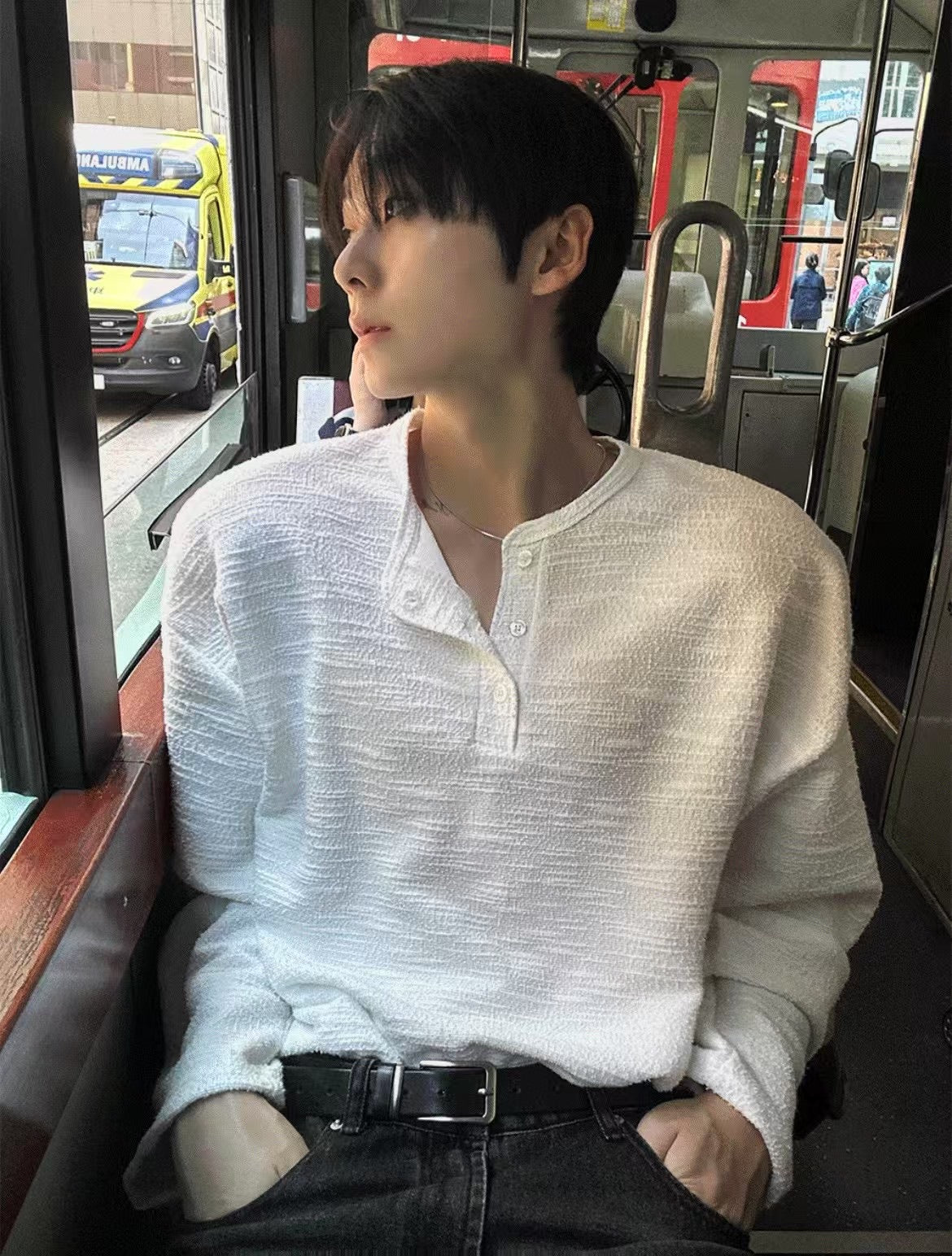 休閒亨利領長袖上衣 (兩色)